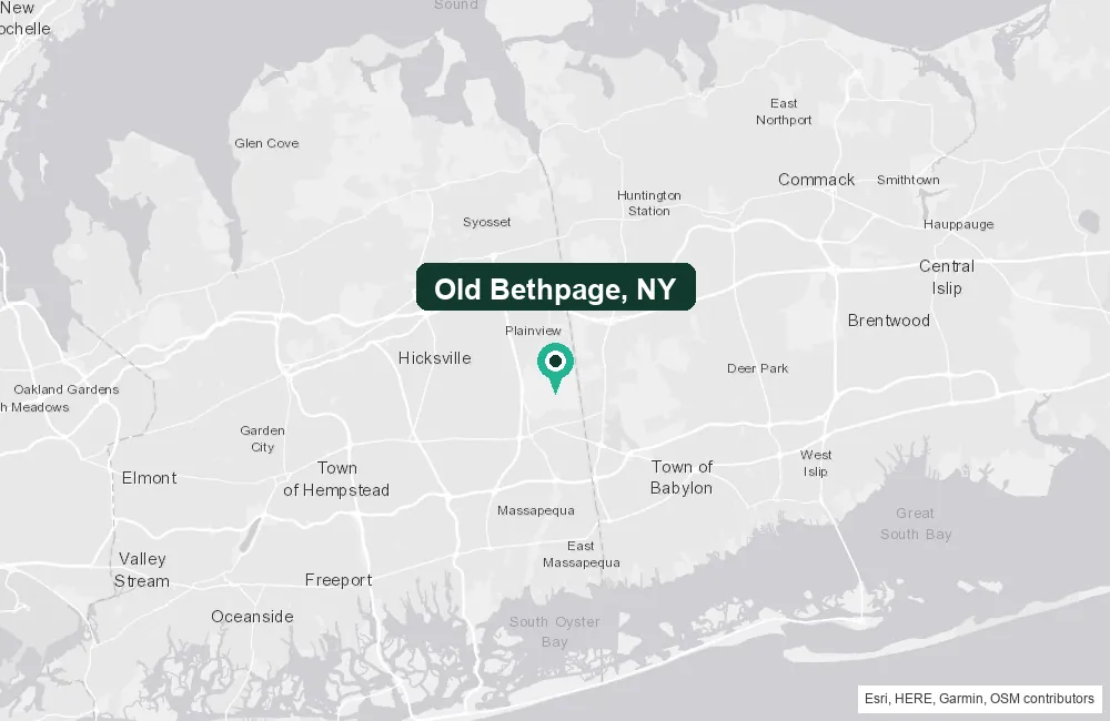 Map of Old Bethpage, New York and the surrounding Nassau County area service area
